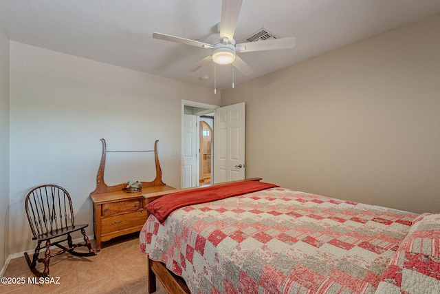 bedroom with light tile patterned flooring, baseboards, visible vents, and a ceiling fan