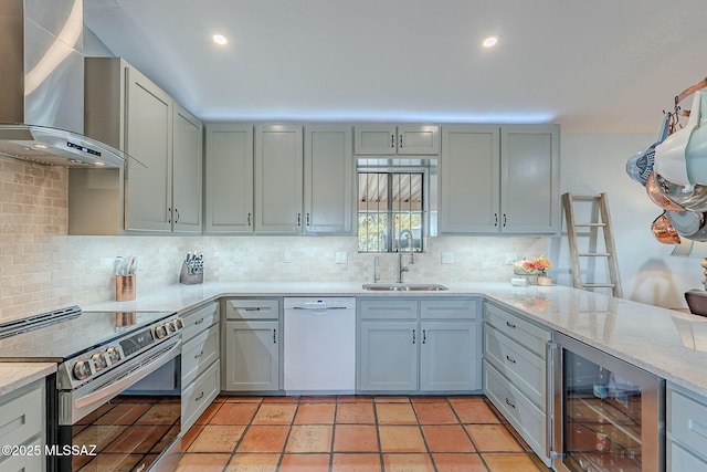 kitchen with stainless steel electric stove, a sink, beverage cooler, dishwasher, and wall chimney exhaust hood