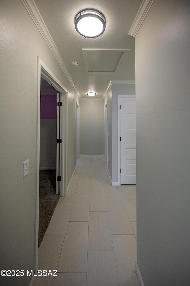 corridor featuring attic access, baseboards, and ornamental molding