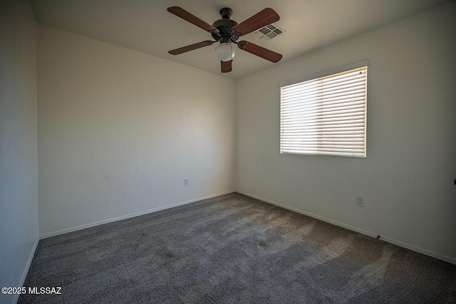 empty room with visible vents, a ceiling fan, baseboards, and carpet floors