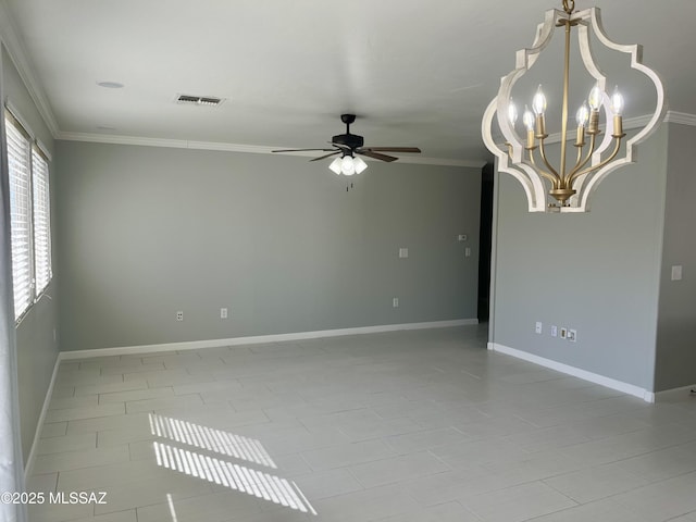 spare room featuring visible vents, baseboards, crown molding, and ceiling fan with notable chandelier