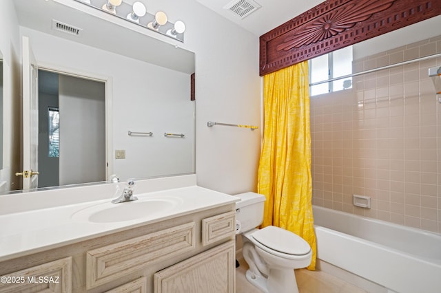 full bath featuring toilet, visible vents, shower / bath combination with curtain, and vanity