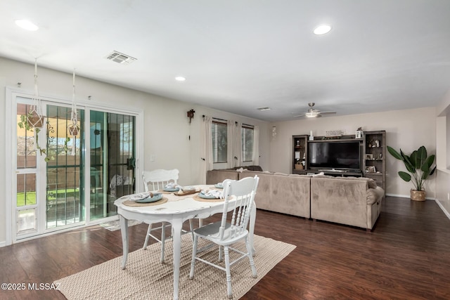 dining area with ceiling fan, recessed lighting, dark wood-style flooring, visible vents, and baseboards