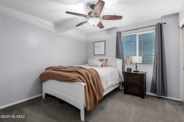 bedroom featuring carpet flooring, a ceiling fan, and baseboards