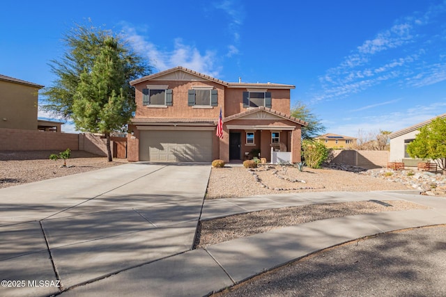 traditional-style home featuring stucco siding, an attached garage, fence, driveway, and a tiled roof