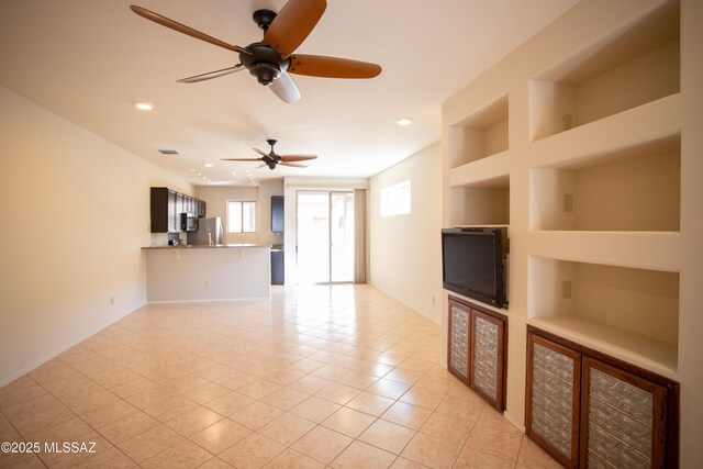 unfurnished living room featuring light tile patterned floors, built in features, recessed lighting, and ceiling fan