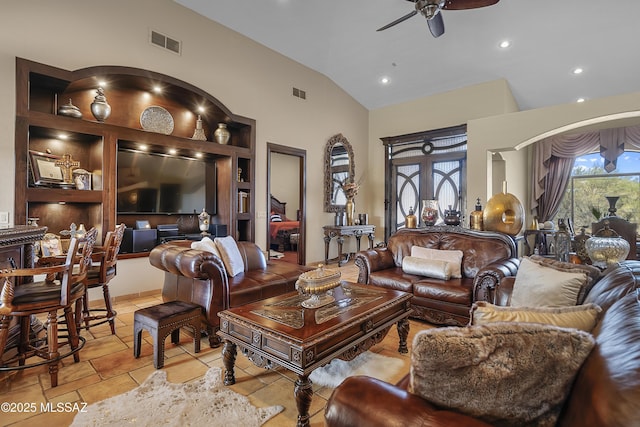 living area with ceiling fan, built in shelves, visible vents, and recessed lighting