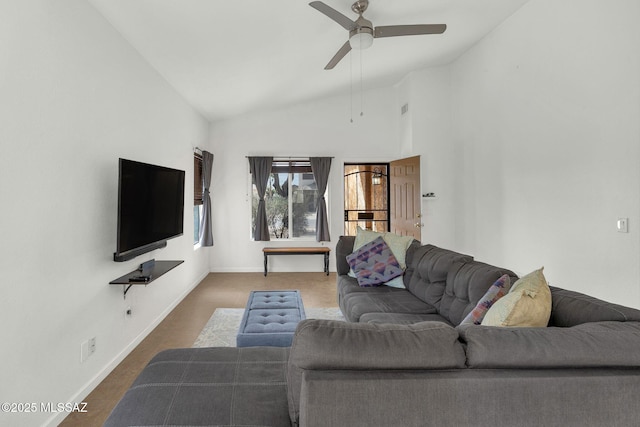 living room with high vaulted ceiling, a ceiling fan, and baseboards