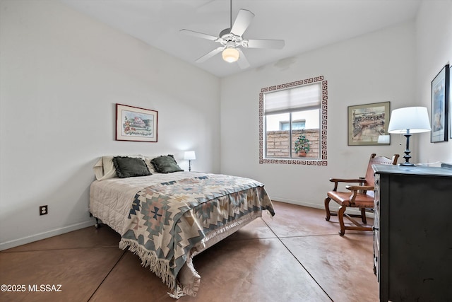 bedroom with concrete floors, baseboards, and a ceiling fan