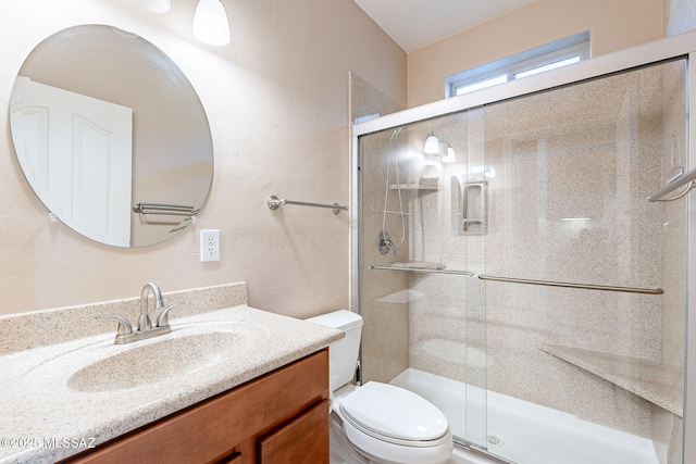 bathroom with toilet, a shower stall, and vanity