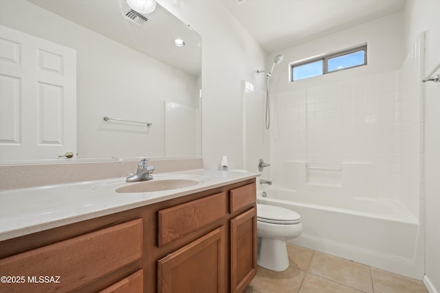 full bath with shower / bathtub combination, toilet, vanity, visible vents, and tile patterned floors