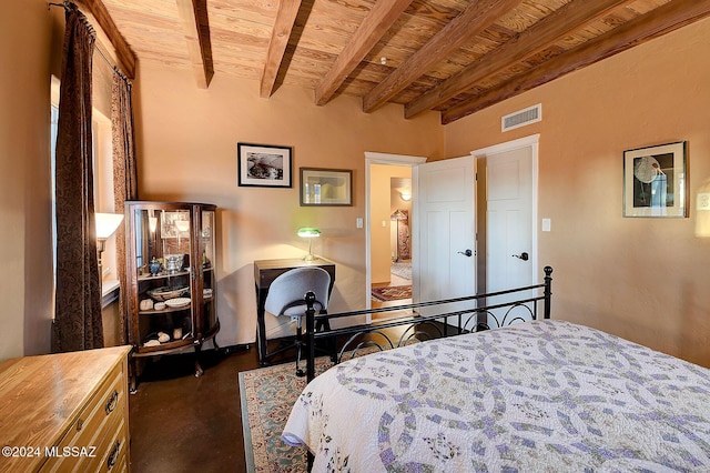 bedroom featuring visible vents, concrete floors, beamed ceiling, and wood ceiling