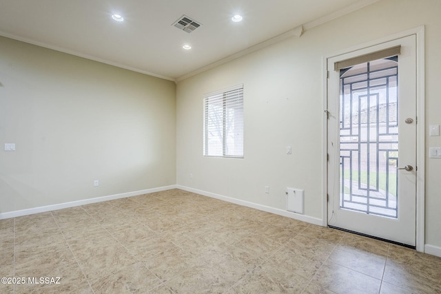 tiled empty room featuring baseboards, visible vents, crown molding, and recessed lighting