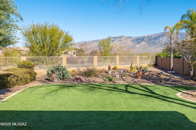 view of yard with a fenced backyard and a mountain view