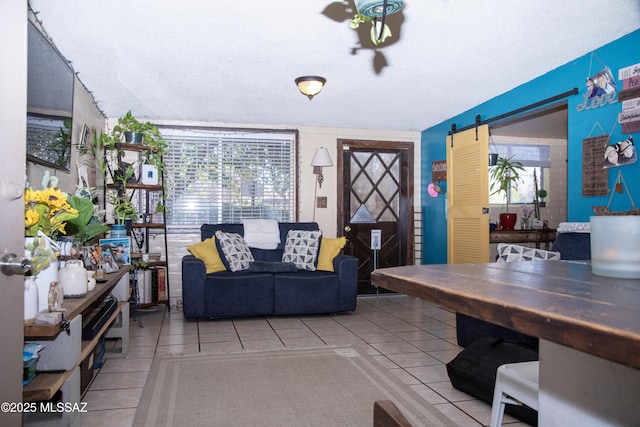 tiled living room featuring a barn door