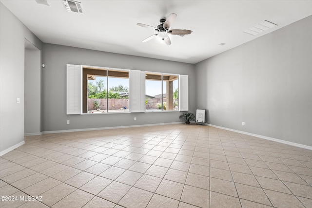 empty room featuring baseboards, visible vents, and a ceiling fan