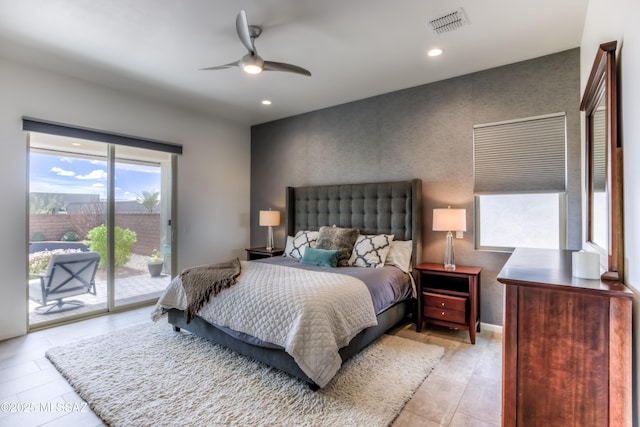 bedroom featuring a ceiling fan, visible vents, baseboards, recessed lighting, and access to exterior