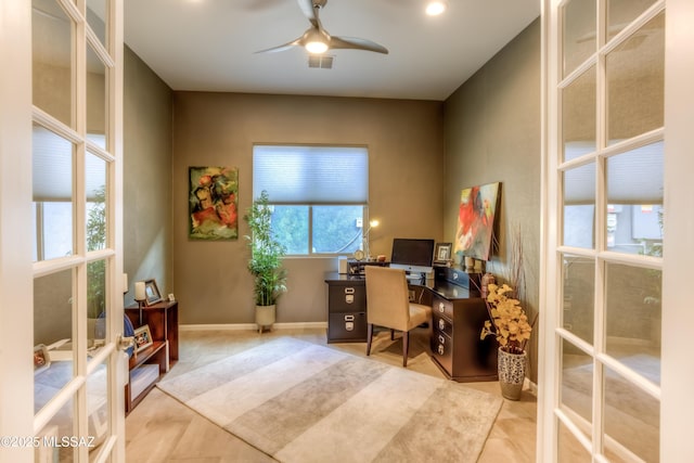 office space featuring visible vents, a ceiling fan, french doors, tile patterned flooring, and baseboards