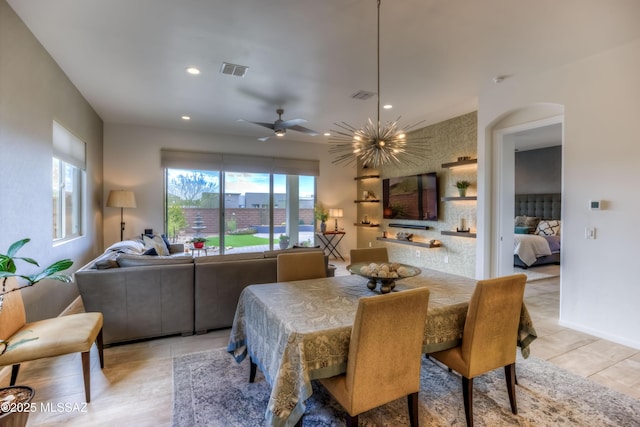 dining space featuring light tile patterned floors, visible vents, recessed lighting, and ceiling fan