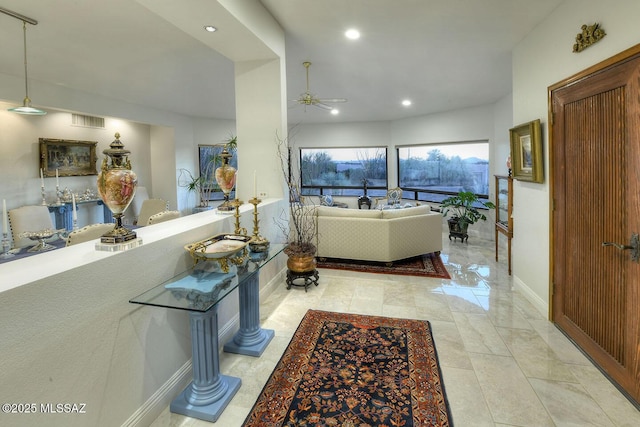 bathroom featuring baseboards, visible vents, a soaking tub, ceiling fan, and recessed lighting