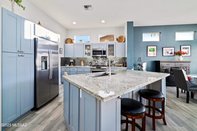 kitchen with a sink, stainless steel appliances, light wood-type flooring, a kitchen bar, and backsplash