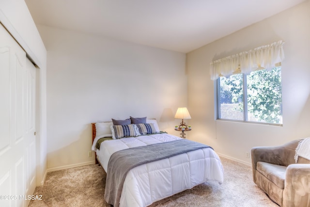 bedroom with a closet, baseboards, and carpet