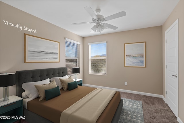 bedroom featuring carpet, baseboards, and a ceiling fan