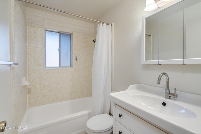 full bathroom with toilet, vanity, and shower / tub combo with curtain