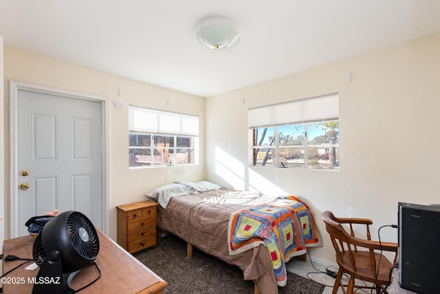 bedroom featuring carpet, multiple windows, and baseboards