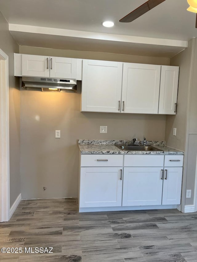 kitchen with under cabinet range hood, light stone counters, light wood-style flooring, white cabinetry, and a sink