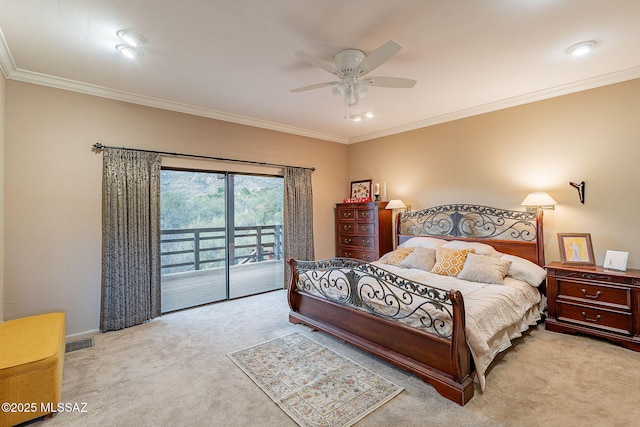 carpeted bedroom featuring visible vents, a ceiling fan, crown molding, and access to outside