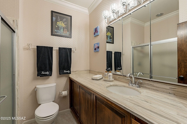 full bathroom with toilet, crown molding, wallpapered walls, baseboards, and vanity