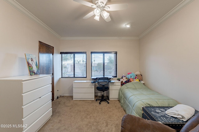 bedroom with light colored carpet, crown molding, and a ceiling fan