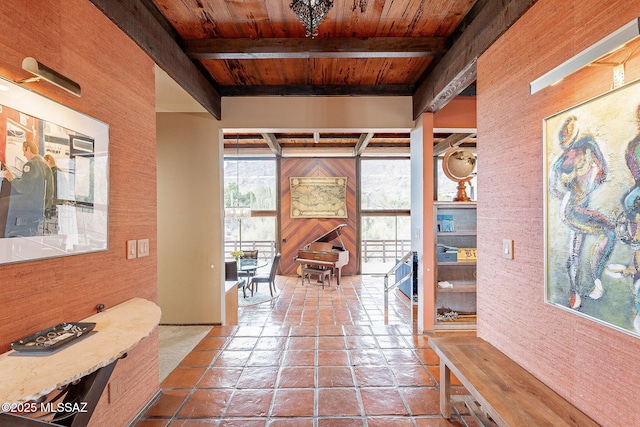 interior space with wooden ceiling and beamed ceiling