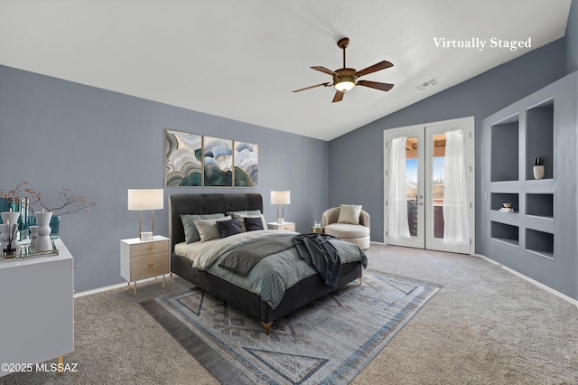 carpeted bedroom featuring french doors, visible vents, a ceiling fan, vaulted ceiling, and baseboards