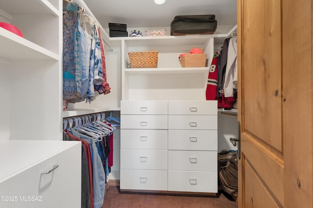 walk in closet with dark carpet