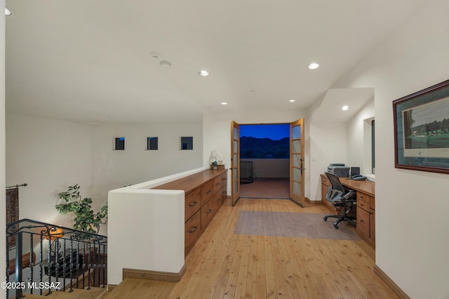 office space featuring recessed lighting and light wood-style flooring