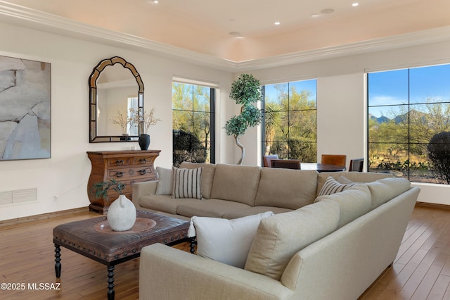 living area featuring a tray ceiling, light wood finished floors, recessed lighting, visible vents, and baseboards