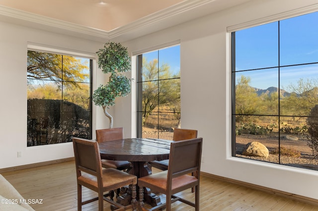 dining space with light wood-type flooring and baseboards