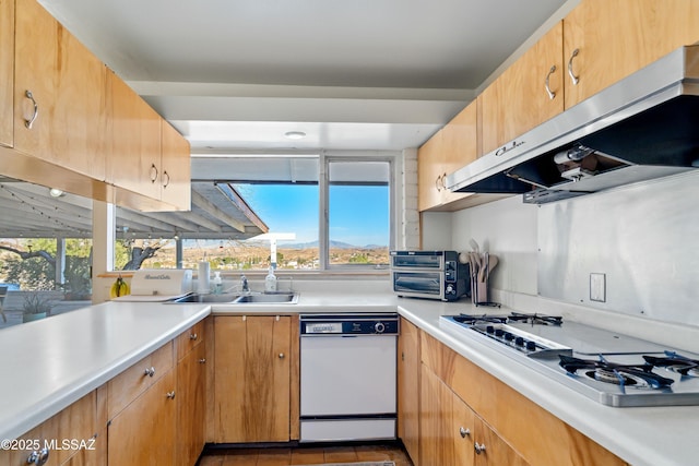 kitchen featuring white appliances, light countertops, a sink, and under cabinet range hood