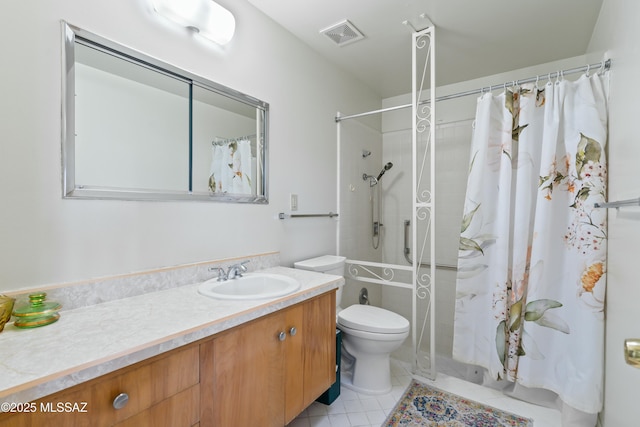 full bathroom with tile patterned flooring, toilet, a shower with shower curtain, vanity, and visible vents