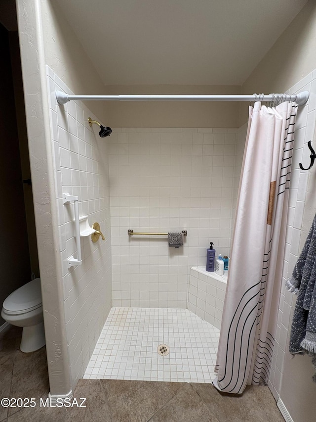 full bathroom featuring toilet, a stall shower, and tile patterned floors