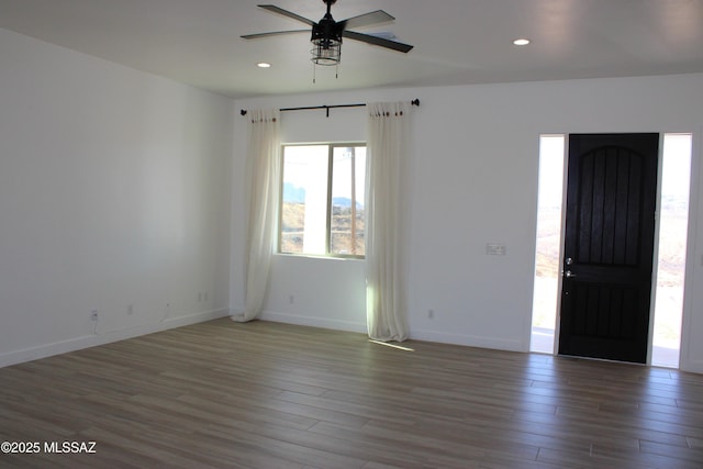 foyer featuring recessed lighting, ceiling fan, baseboards, and wood finished floors