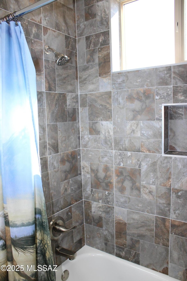 full bath featuring shower / bathtub combination with curtain