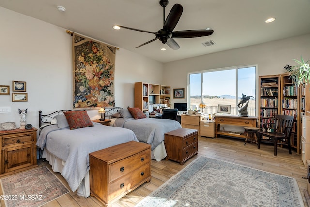 16 Star View Dr, Sonoita, AZ 85637 - bedroom featuring light wood finished floors, recessed lighting, and a ceiling fan