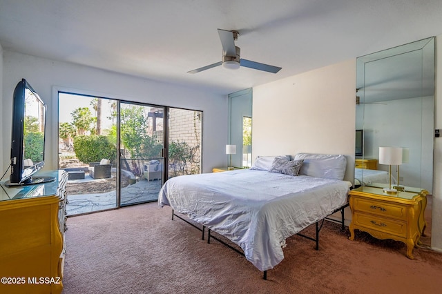 bedroom featuring access to exterior, carpet floors, and a ceiling fan