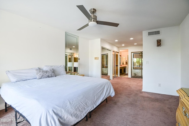 bedroom with ensuite bathroom, ceiling fan, recessed lighting, visible vents, and dark colored carpet