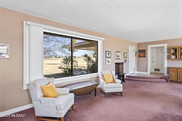 living area with a textured ceiling, carpet, visible vents, and baseboards