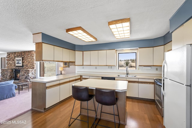 kitchen with a peninsula, electric range, a sink, light countertops, and freestanding refrigerator