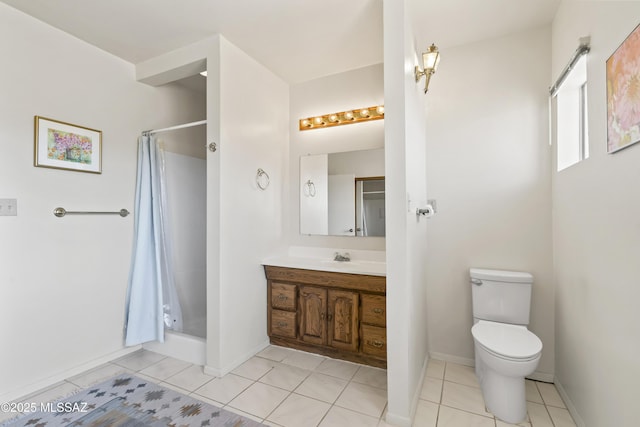 full bath featuring baseboards, toilet, tile patterned floors, vanity, and a shower stall